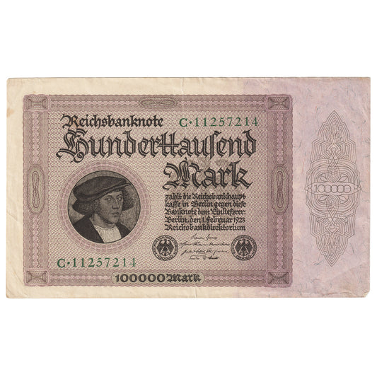 Germany 1923 100,000 Mark Note, Pick #83a, VF-EF (Holes, Tear)