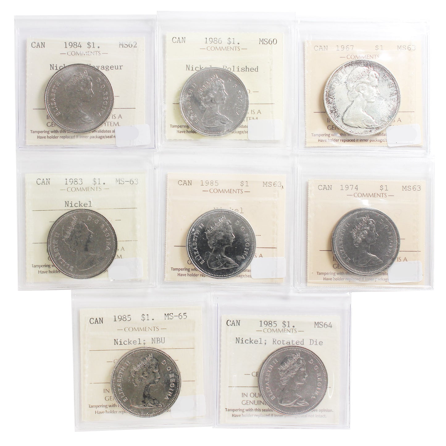Lot of 8x 1967-1986 Canada Dollar ICCS Cert. MS60 to MS65, 8Pcs.