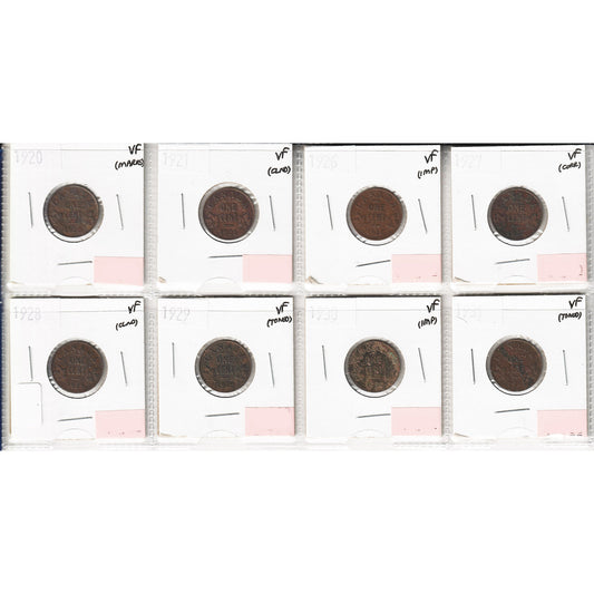 Lot of 8x 1920-1931 Canada 1-cent, All VF, 8Pcs. (Impaired)