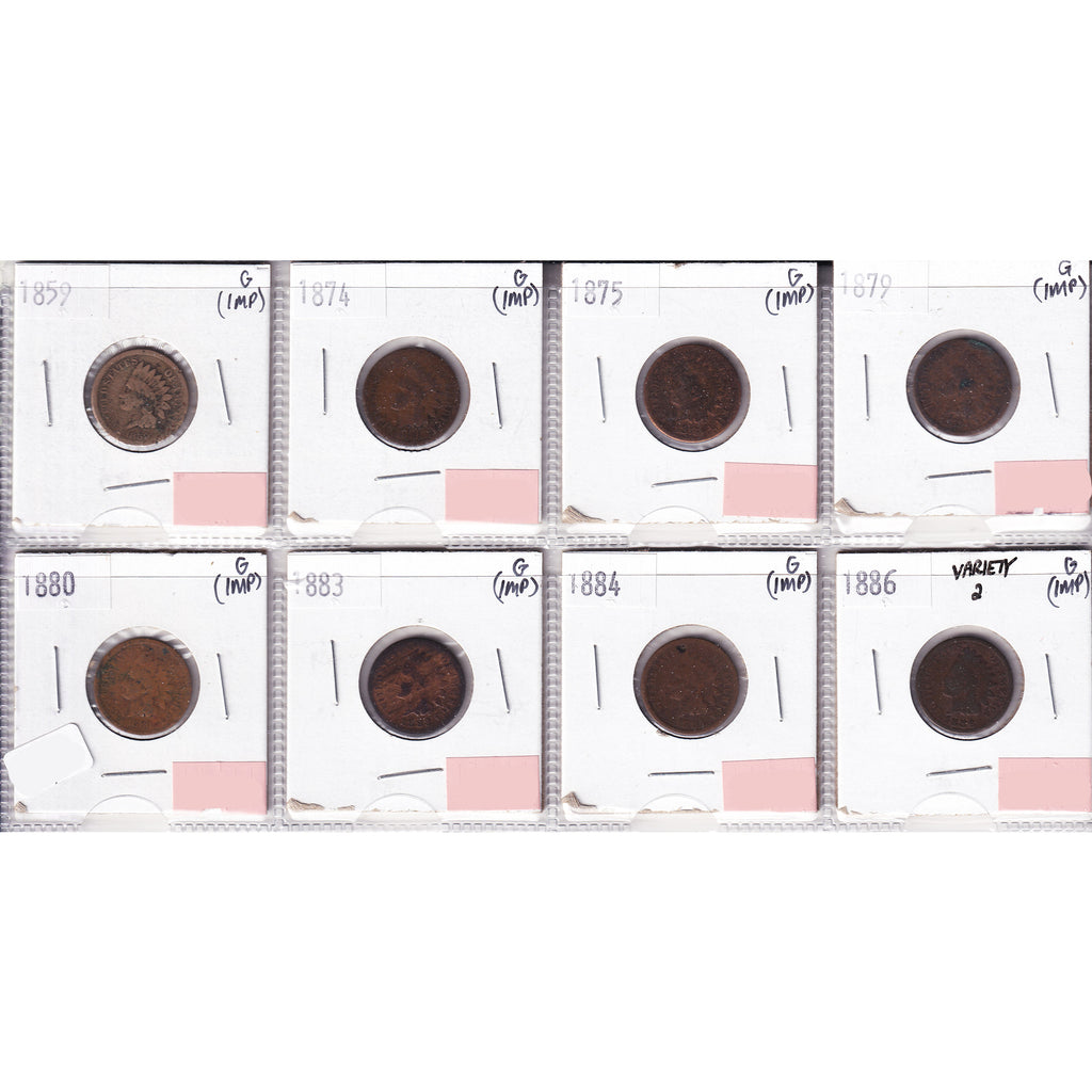 Lot of 8x 1859-1886 USA cent, All G, 8Pcs. (Impaired)