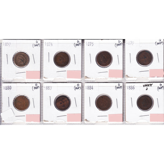 Lot of 8x 1859-1886 USA cent, All G, 8Pcs. (Impaired)