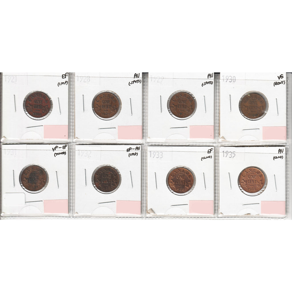Lot of 8x 1921-1935 Canada 1-Cent, VG to AU, 8Pcs. (Impaired)