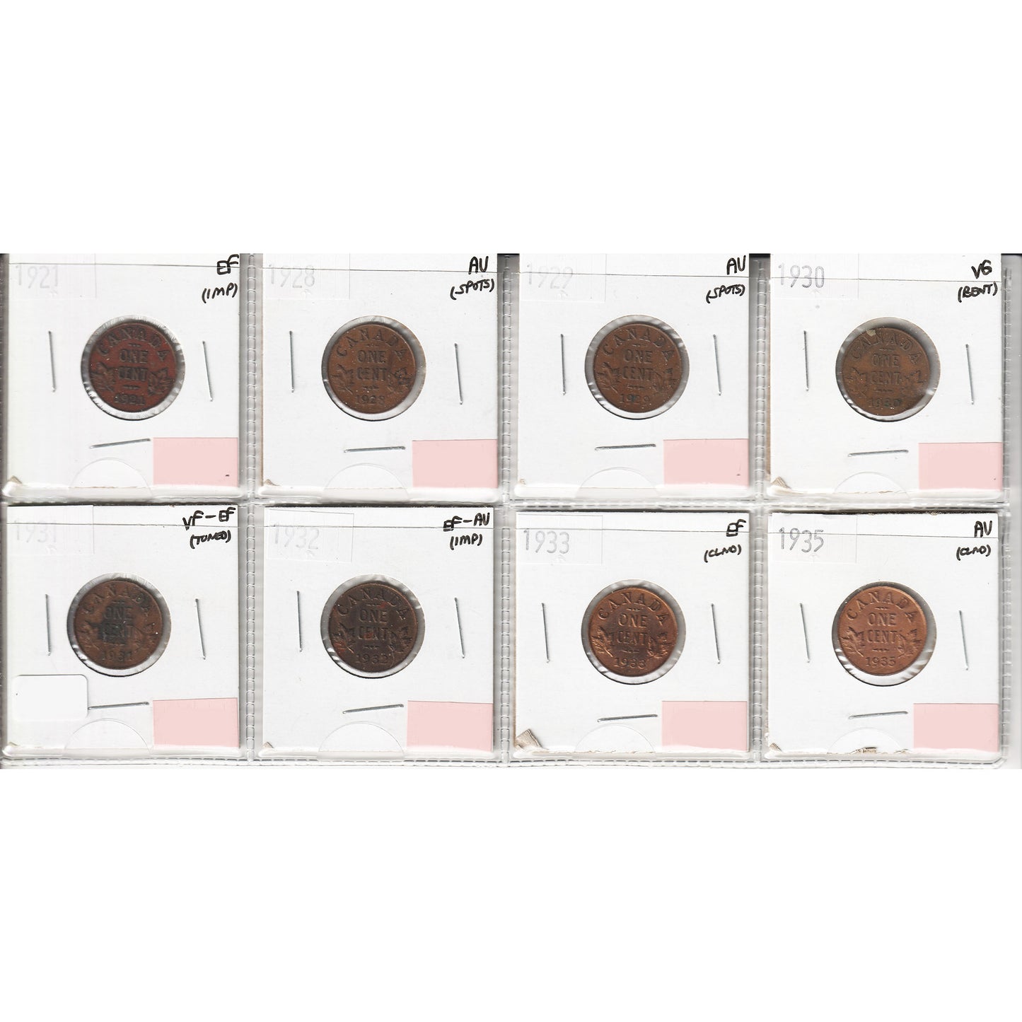 Lot of 8x 1921-1935 Canada 1-Cent, VG to AU, 8Pcs. (Impaired)