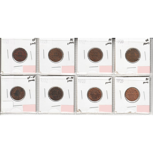 Lot of 8x 1921-1935 Canada 1-Cent, VG to AU, 8Pcs. (Impaired)