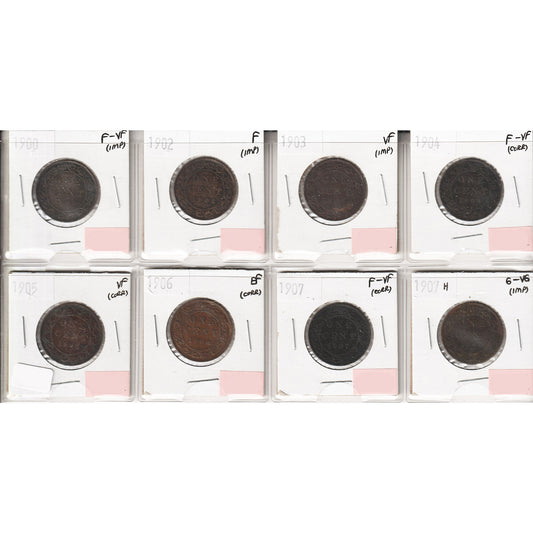 Lot of 8x 1900-1907H Canada 1-Cent, G-VG to EF, 8Pcs. (Impaired)