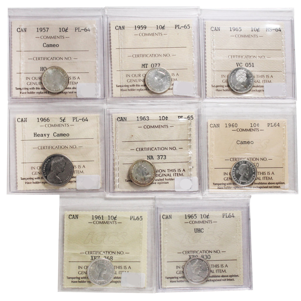 Lot of 8x 1957-1966 Canada 5 & 10-cents ICCS Certified MS-64 to PL-65. 8pcs. Please view image.