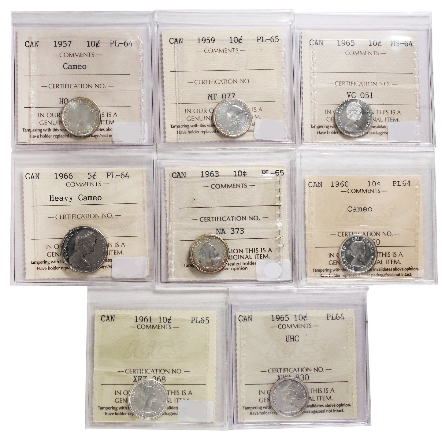 Lot of 8x 1957-1966 Canada 5 & 10-cents ICCS Certified MS-64 to PL-65. 8pcs. Please view image.