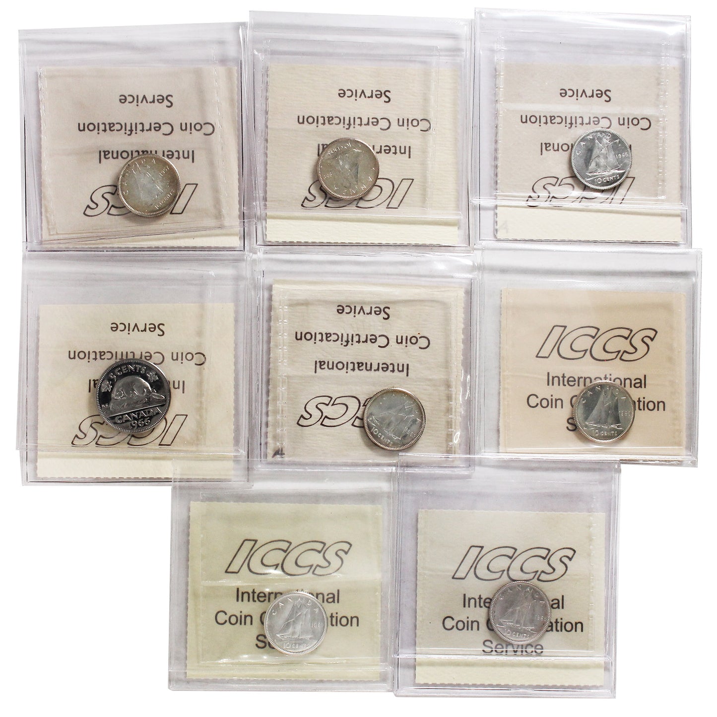 Lot of 8x 1957-1966 Canada 5 & 10-cents ICCS Certified MS-64 to PL-65. 8pcs. Please view image.