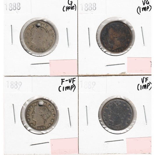 Lot of 4x 1888-1889 USA Nickel, G to VF, 4Pcs. (Impaired)