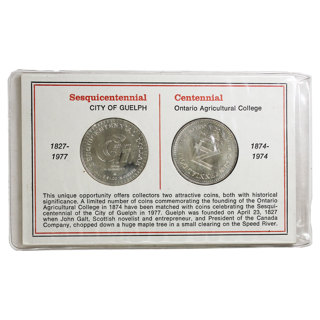 Pair of 1974 Guelph & Ontario Agricultural College Trade Dollars in Info Card