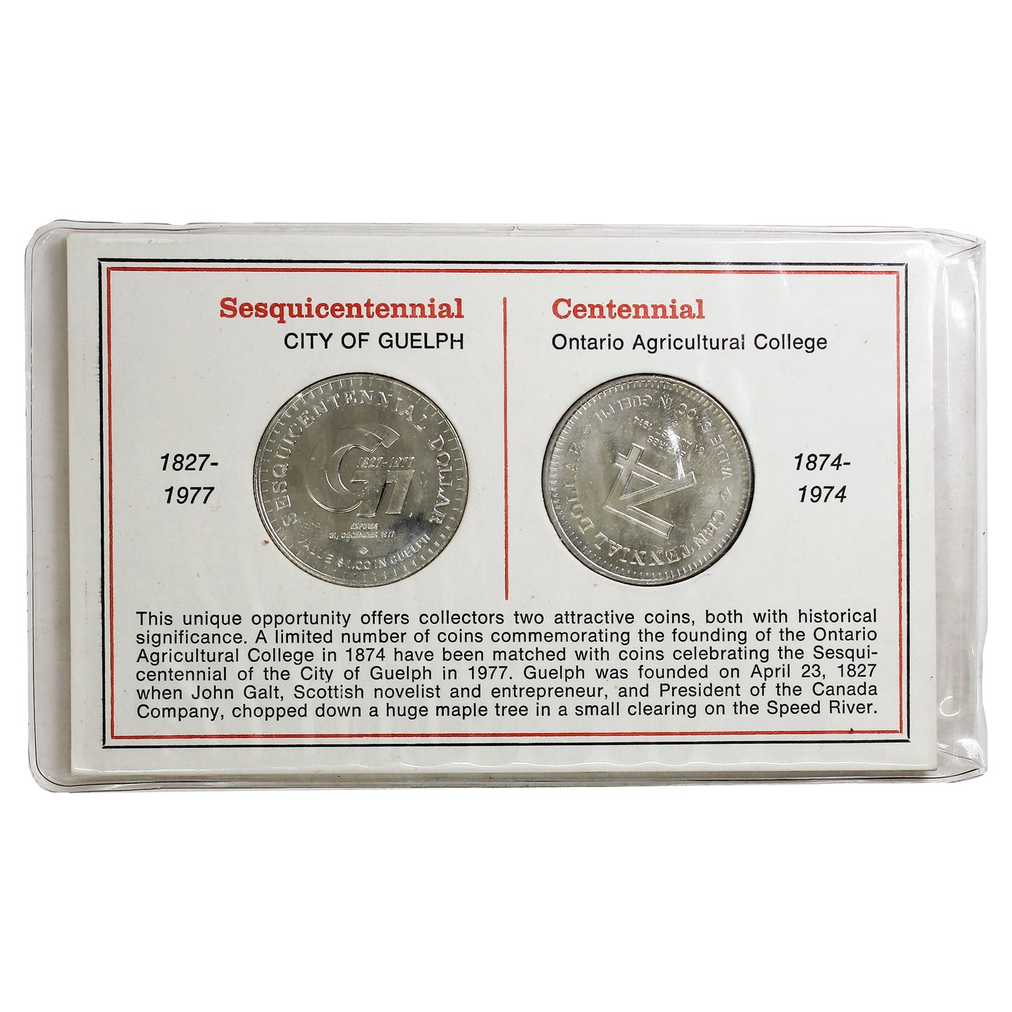 Pair of 1974 Guelph & Ontario Agricultural College Trade Dollars in Info Card