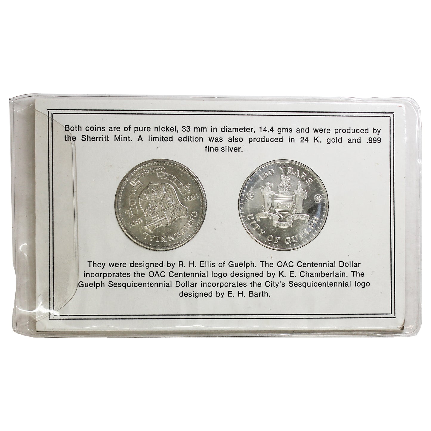 Pair of 1974 Guelph & Ontario Agricultural College Trade Dollars in Info Card