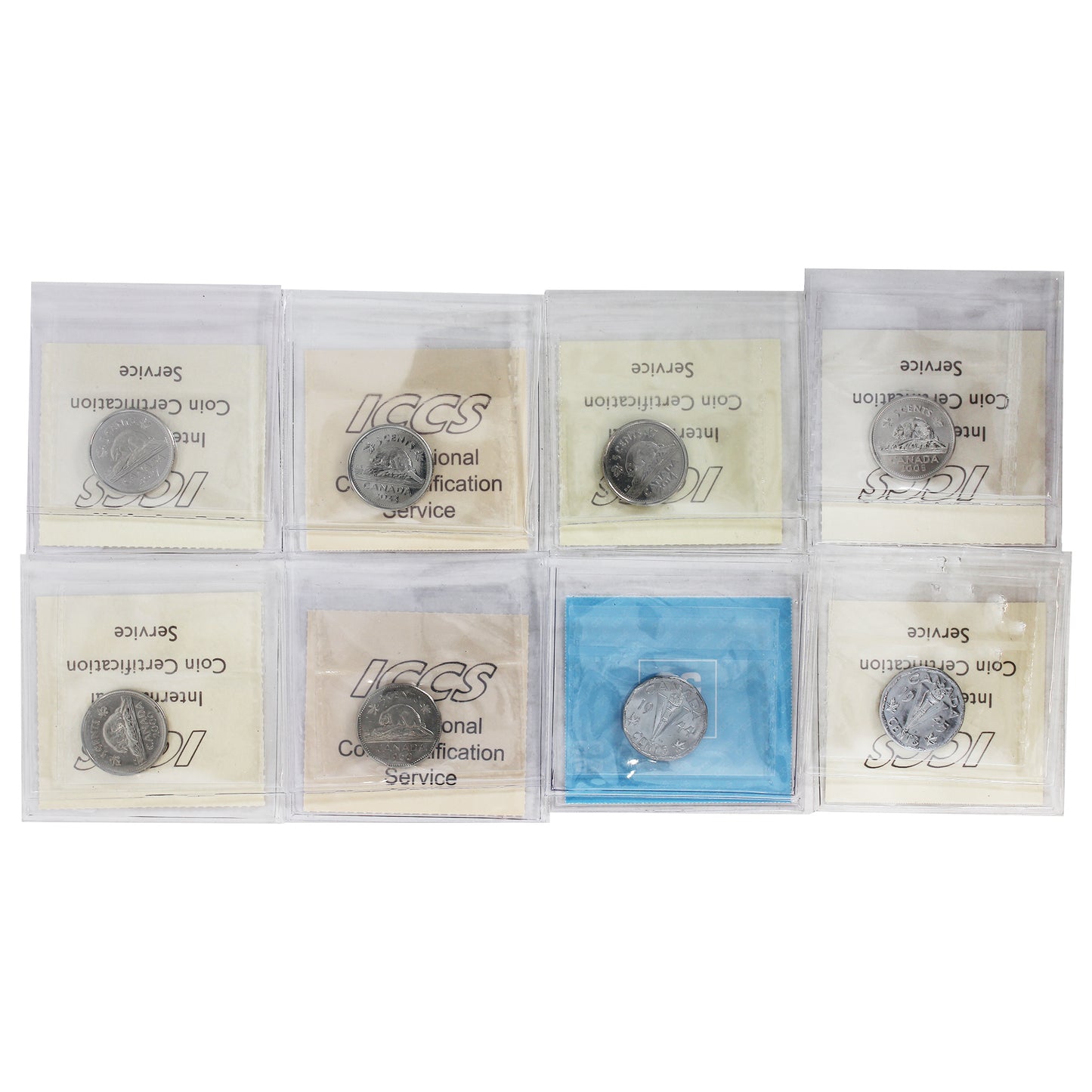 Lot of 8x 1944-2023 Canada 5-cents ICCS Certified MS60 to PL/SP66 8Pcs.