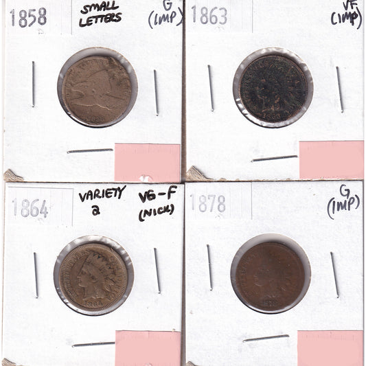 Lot of 4x 1858-1878 USA Cent, G to VF, 4Pcs. (Impaired)
