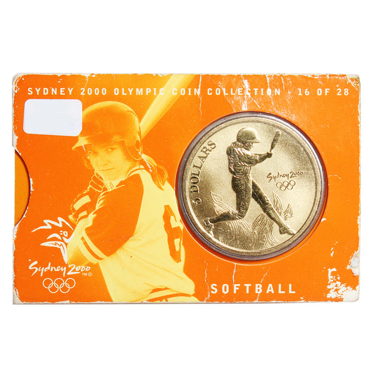 2000 Sydney, Australia $5 Olympics Softball Coin In Card (Wear)