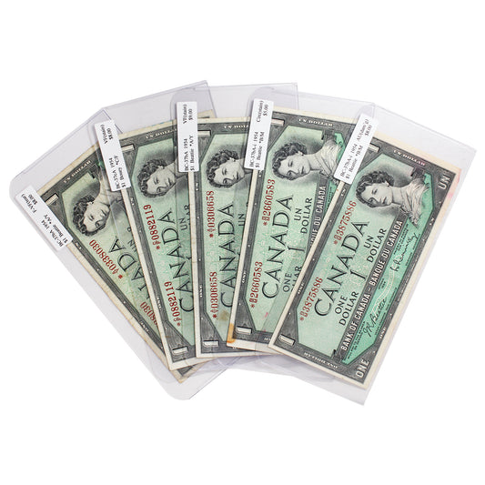 Lot of 5x 1954 Canada $1 Replacement Notes, Circ to AU, 5Pcs. (Impaired)