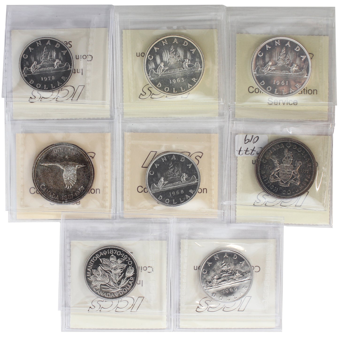 Lot of 8x 1961-1972 Canada Dollar ICCS Cert. PL-63 to PL65, 8Pcs. (Toned)