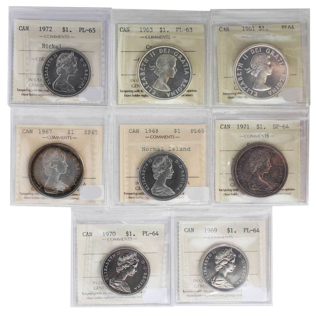 Lot of 8x 1961-1972 Canada Dollar ICCS Cert. PL-63 to PL65, 8Pcs. (Toned)