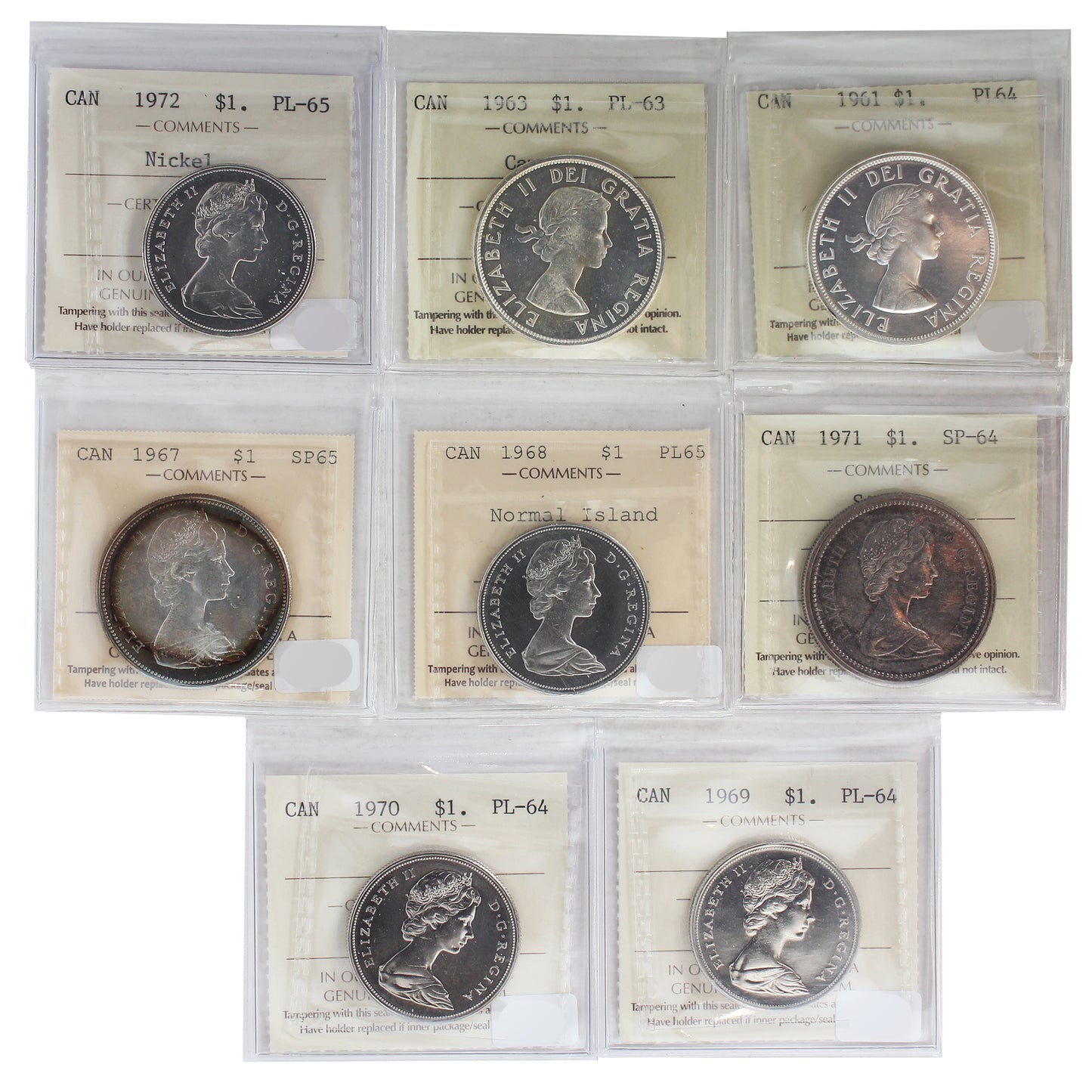 Lot of 8x 1961-1972 Canada Dollar ICCS Cert. PL-63 to PL65, 8Pcs. (Toned)