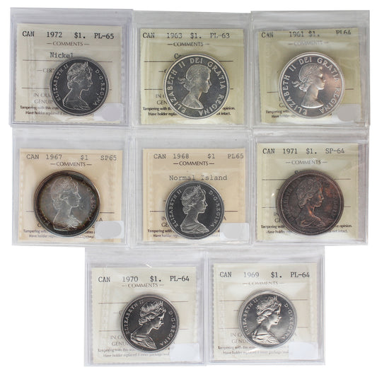 Lot of 8x 1961-1972 Canada Dollar ICCS Cert. PL-63 to PL65, 8Pcs. (Toned)