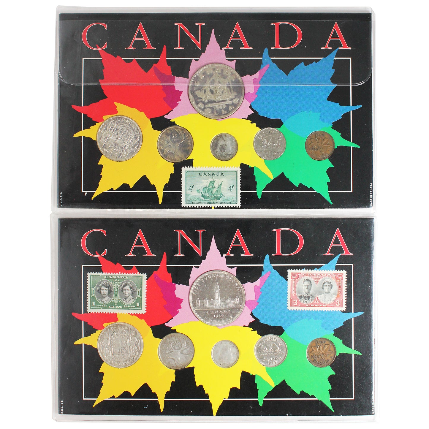 Pair of 1939 & 1949 Canada Coin Sets in Board w/Stamp (Impaired)