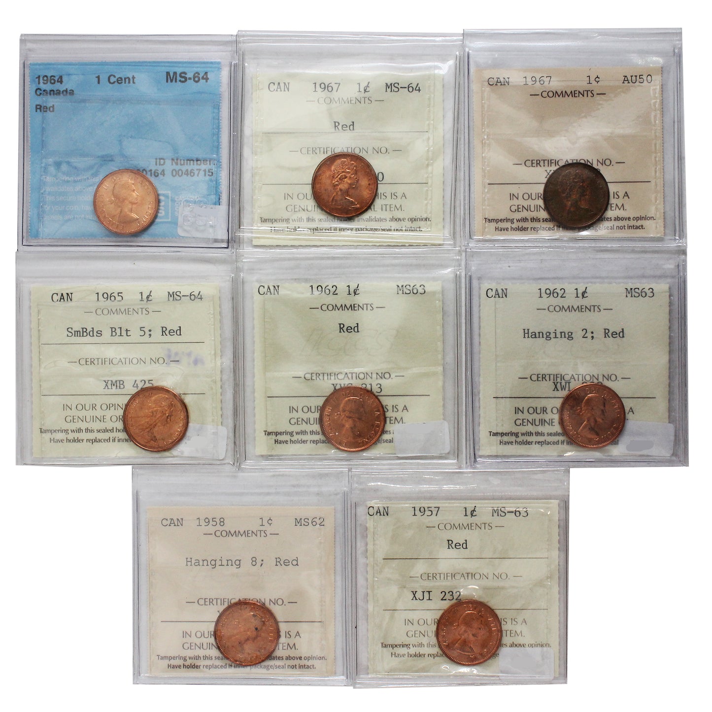 Lot of 8x 1957-1967 Canada 1-cent CCCS and ICCS Cert. AU50 to MS64, 8Pcs.