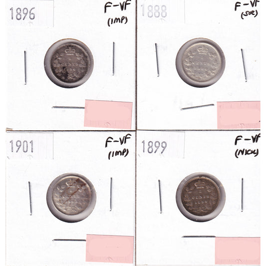 Lot of 4x 1888-1901 Canada 5-cents, All F-VF, 4Pcs. (Impaired)
