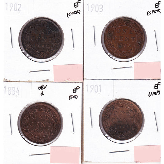 Lot of 4x 1884-1903 Canada 1-cent, All EF, 4Pcs. (Impaired)