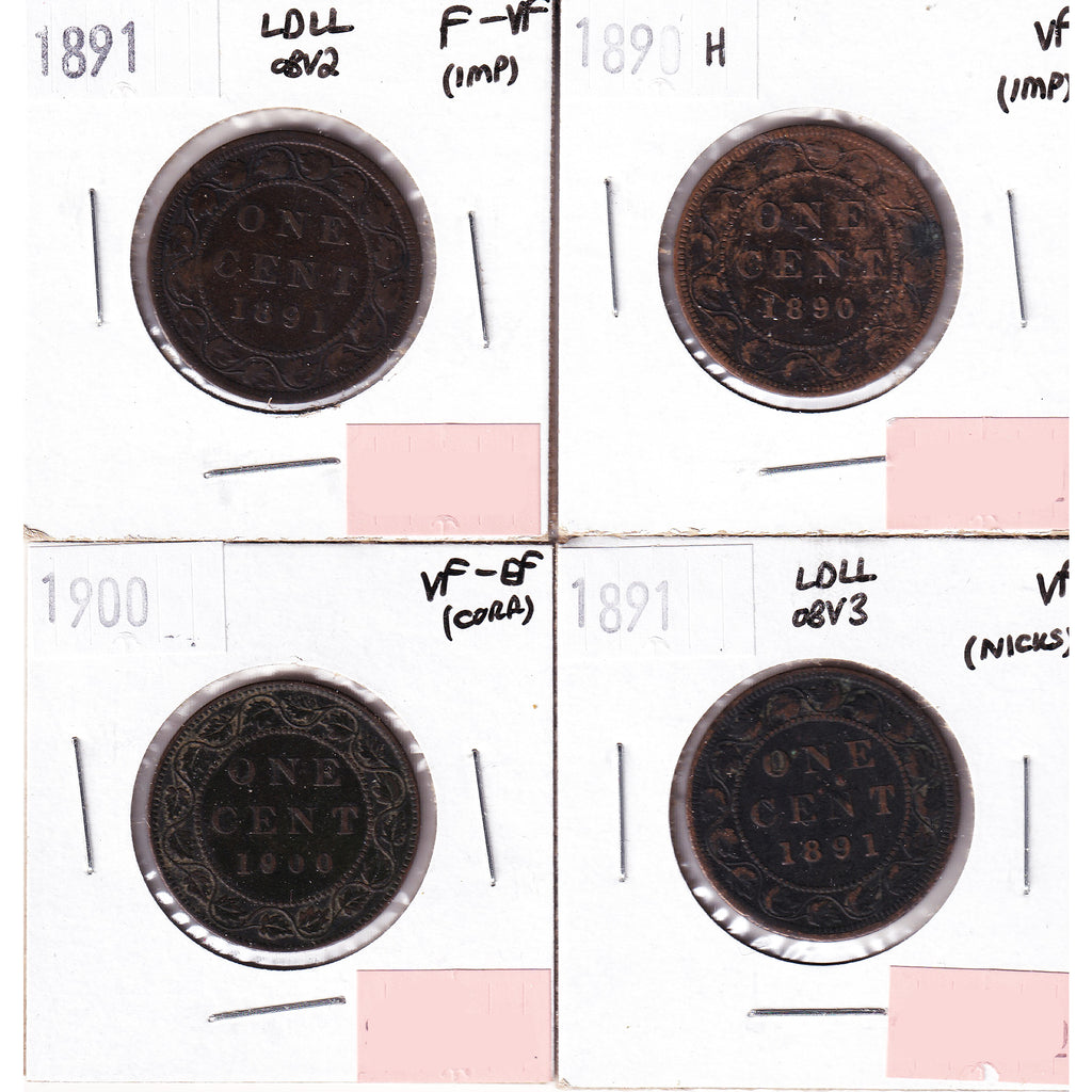 Lot of 4x 1890H-1900 Canada 1-cent, F-VF to VF-EF, 4Pcs. (Impaired)
