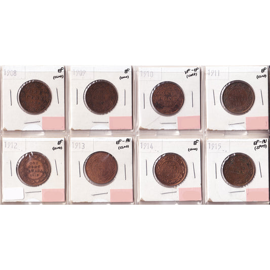 Lot of 8x 1908-1915 Canada 1-cent, VF-EF to EF-AU, 8Pcs. (Impaired)