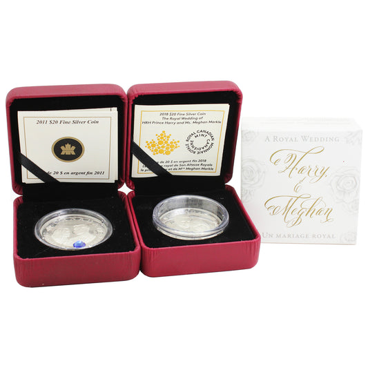 2011 & 2018 Canada $20 Royal Weddings Fine Silver Coins in Cases, 2Pcs (No Tax) Impaired