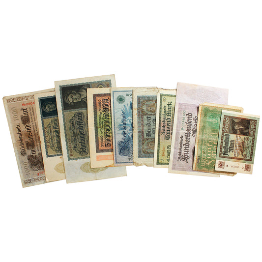 Lot of 10x Different German Large Size Notes Circ, 10Pcs.