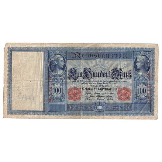 Germany 1910 Pick #42 100 Mark Red Seal Note, F (Impaired)