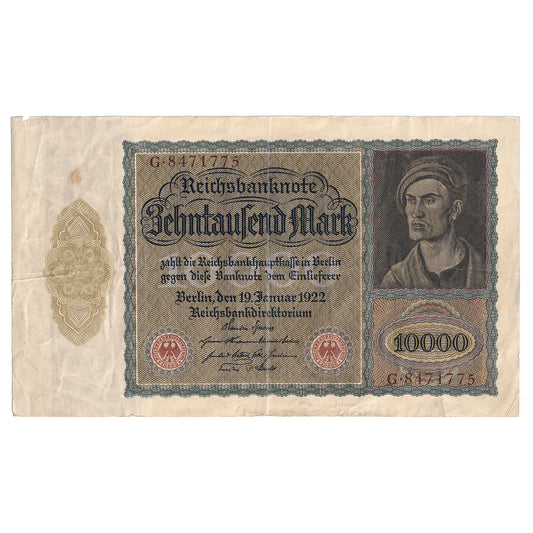 Germany 1922 Pick #71 10,000 Mark, VF-EF (Tears)