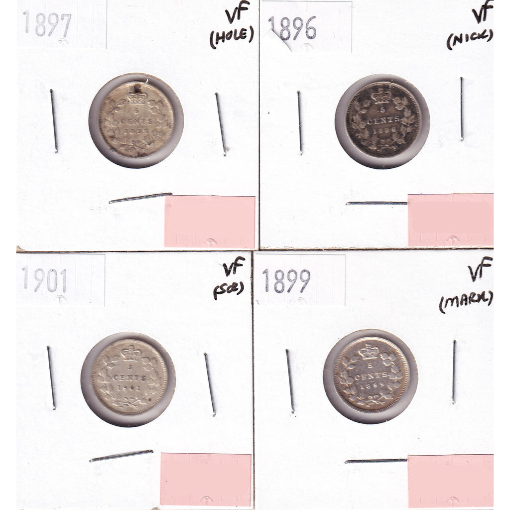 Lot of 4x 1896-1901 Canada 5-cents, All VF, 4Pcs. (Impaired)