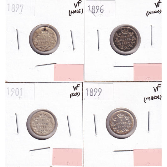Lot of 4x 1896-1901 Canada 5-cents, All VF, 4Pcs. (Impaired)