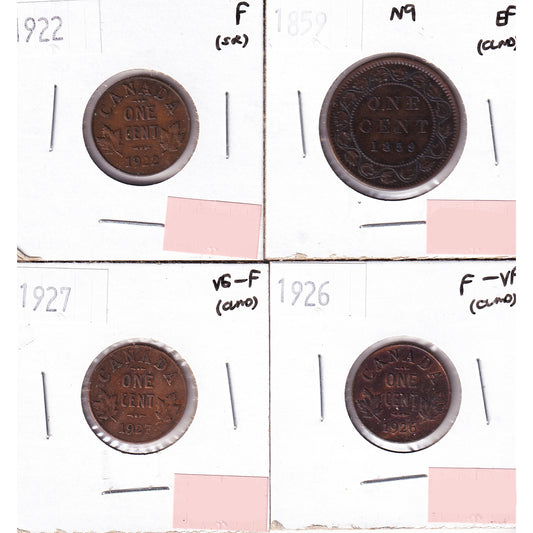 Lot of 4x 1859-1927 Canada 1-cent, VG-F to EF, 4Pcs. (Impaired)