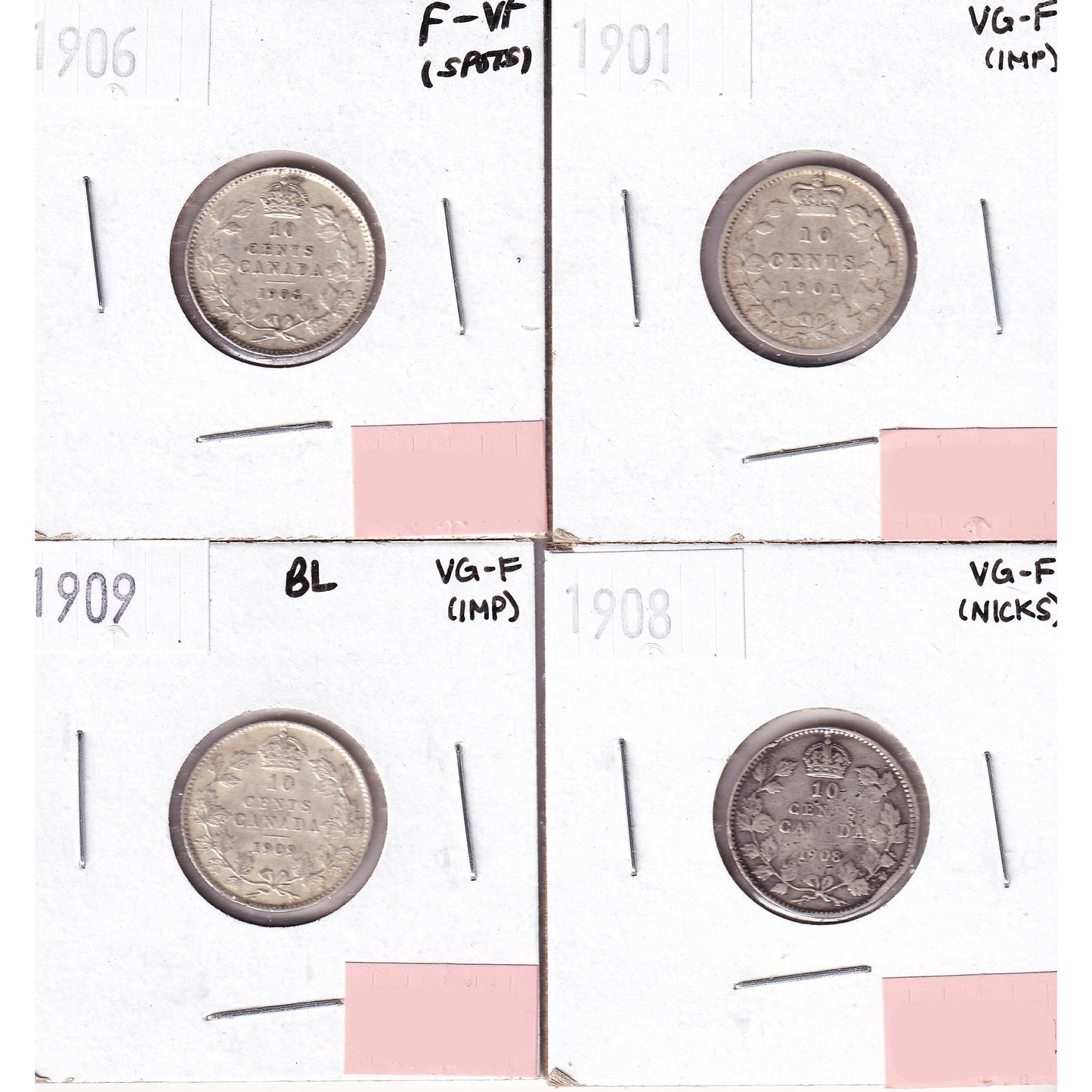 Lot of 4x 1901-1909 Canada 10-cents VG-F to F-VF, 4Pcs. (Impaired)