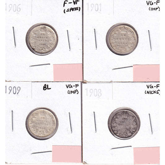 Lot of 4x 1901-1909 Canada 10-cents VG-F to F-VF, 4Pcs. (Impaired)