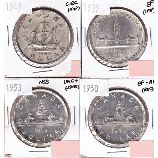 Lot of 4x 1939-1953 Canada Dollar, Circ to UNC+, 4Pcs. (Impaired)