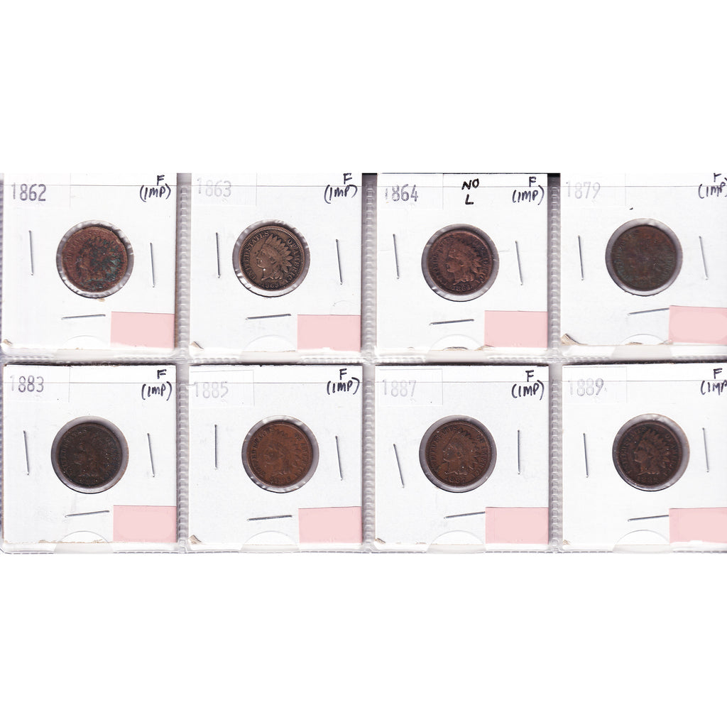 Lot of 8x 1862-1889 USA Cent, All F, 8Pcs. (Impaired)