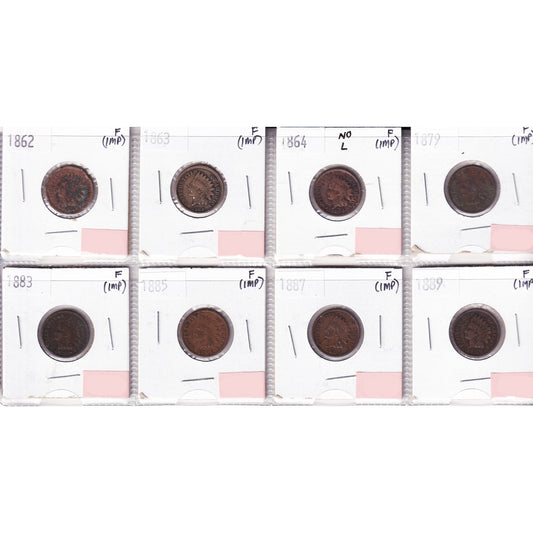 Lot of 8x 1862-1889 USA Cent, All F, 8Pcs. (Impaired)