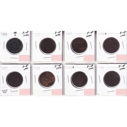 Lot of 8x 1884-1901 Canada 1-cent, All F-VF, 8Pcs. (Impaired)