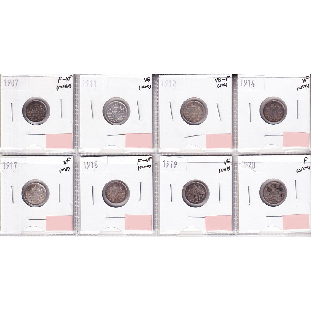 Lot of 8x 1907-1920 Canada 5-cents, VG to VF, 8Pcs. (Impaired)