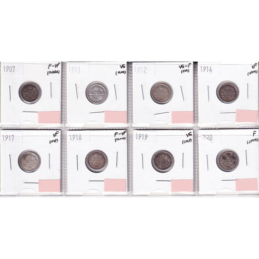 Lot of 8x 1907-1920 Canada 5-cents, VG to VF, 8Pcs. (Impaired)