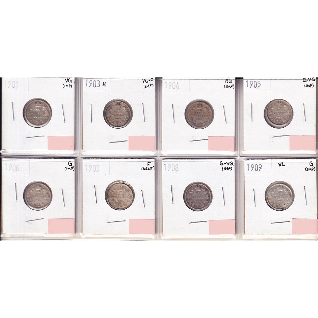 Lot of 8x 1901-1909 Canada 10-cents, AG to VG-F, 8Pcs. (Impaired)