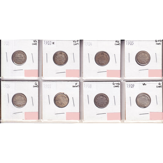 Lot of 8x 1901-1909 Canada 10-cents, AG to VG-F, 8Pcs. (Impaired)