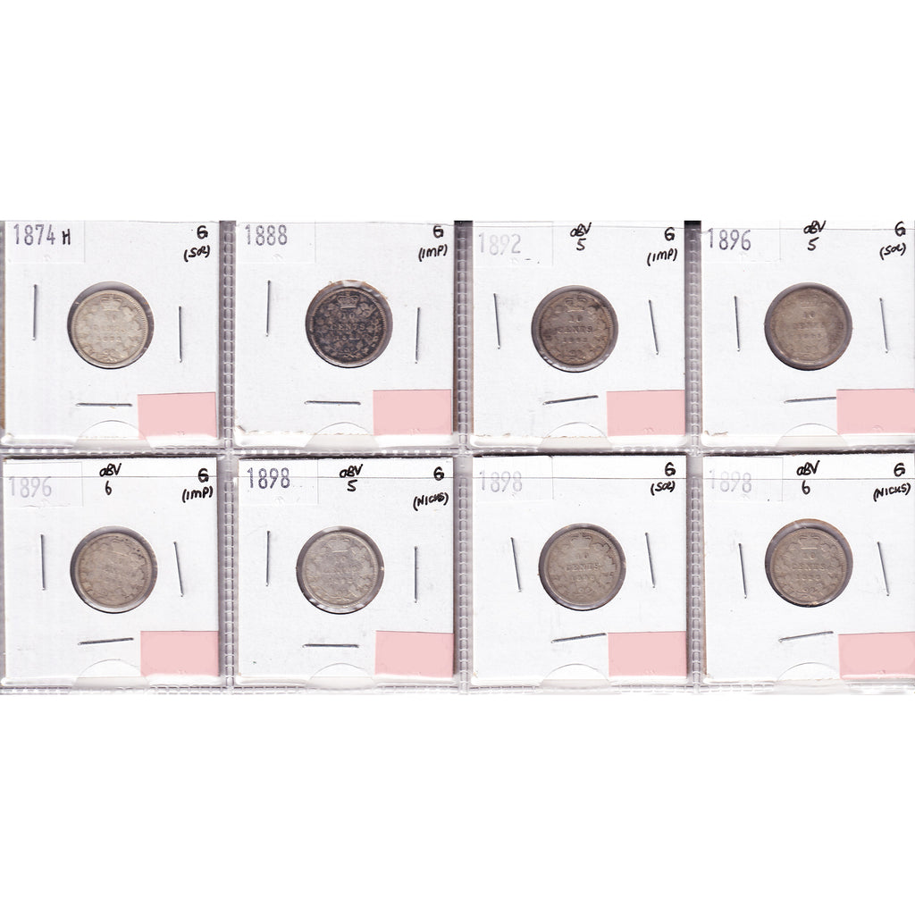 Lot of 8x 1874H-1898 Canada 10-cents, All G, 8Pcs. (Impaired)