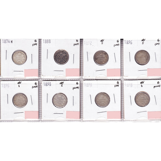 Lot of 8x 1874H-1898 Canada 10-cents, All G, 8Pcs. (Impaired)