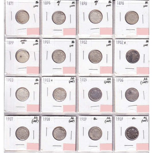 Lot of 16x 1871-1909 Canada 10-cents, All AG, 16Pcs. (Impaired)